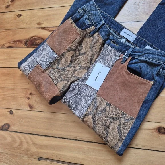 Frame Denim Blue Jeans with Leather and Snake Print Accents - Picture 2 of 16